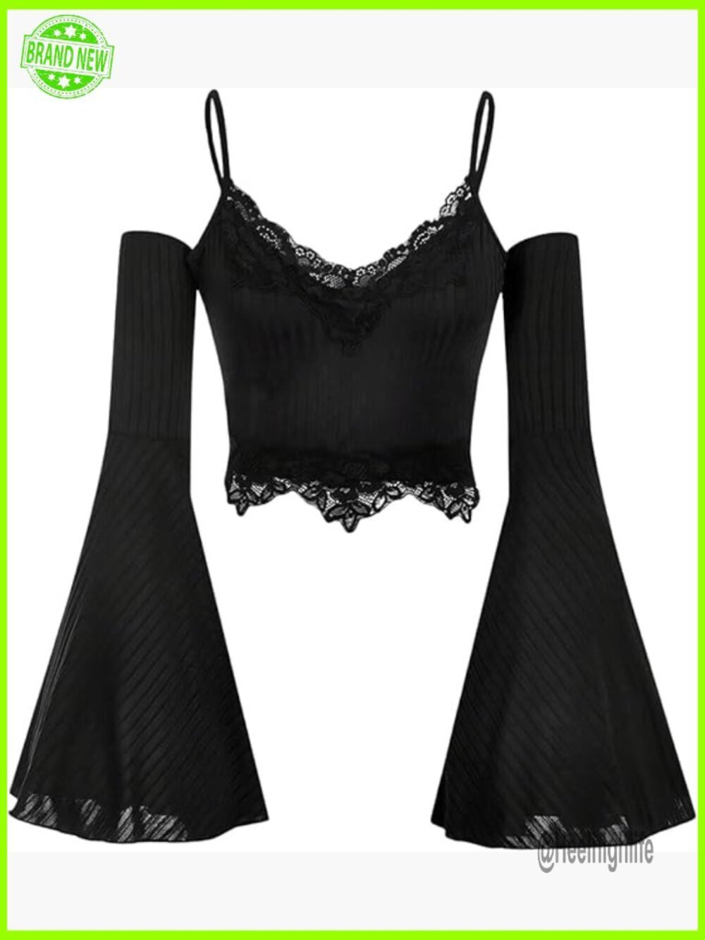 Goth Y2k Lace Trim Cold Shoulder Bell Long Sleeve Crop Top